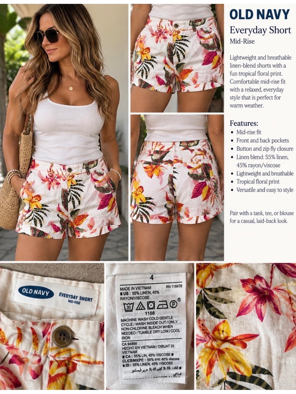Old Navy Everyday Shorts, size 4, with a mid-rise fit.
